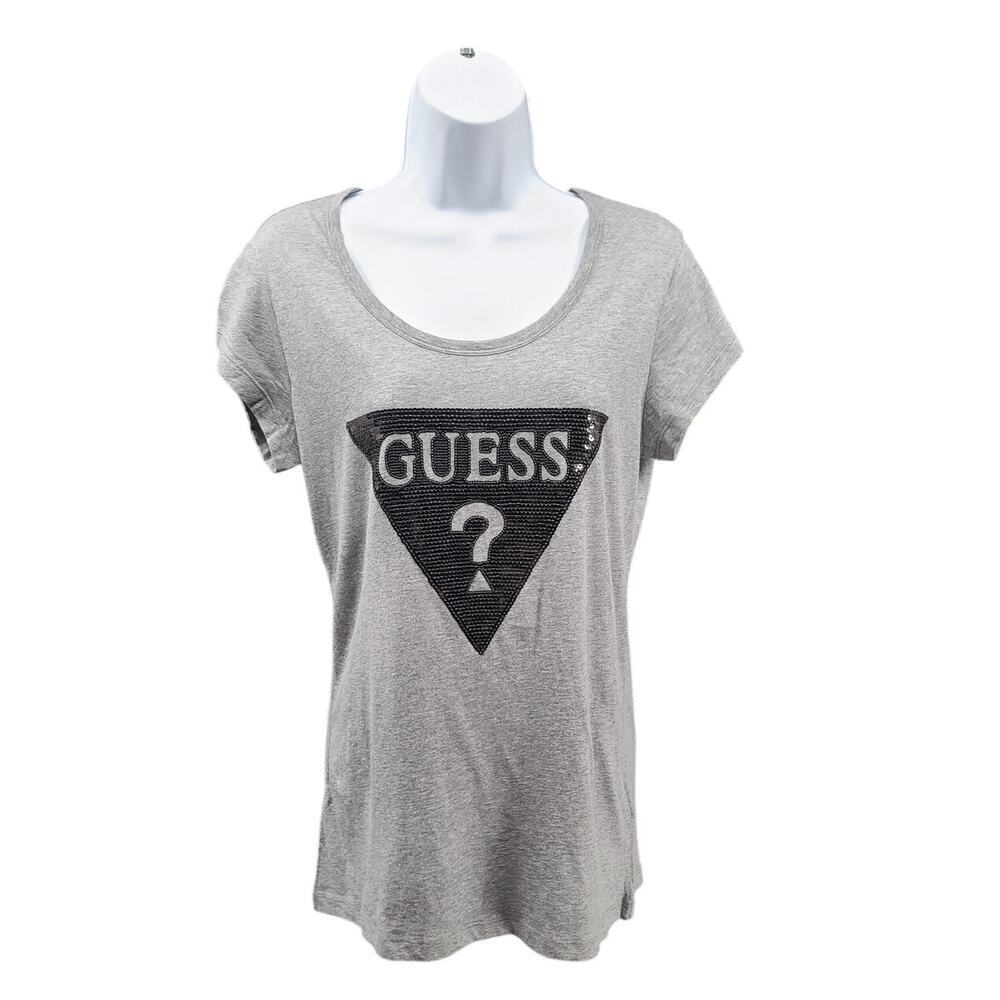 Guess Y2K women's sequin logo tee shirt longer length Size XL Bling Mcbling